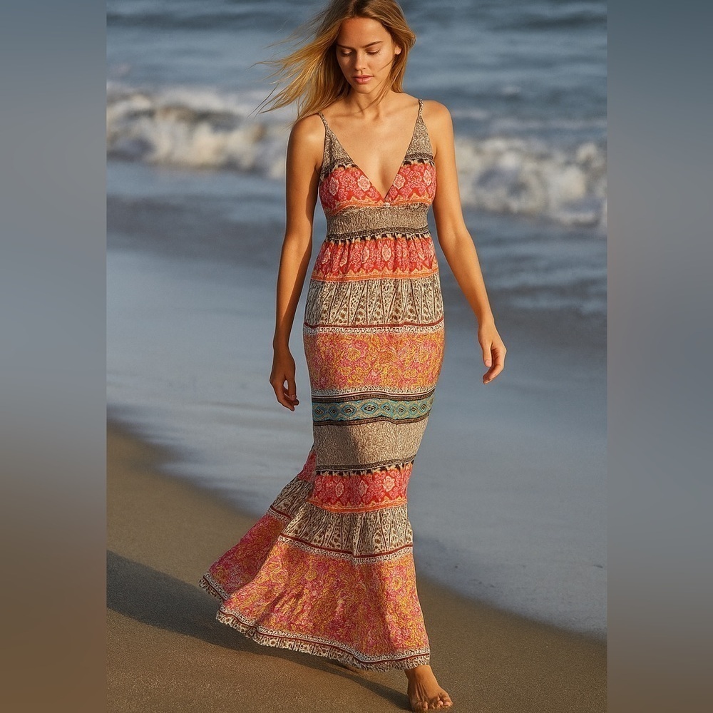 Anthropologie Revolve Boemo Boho Hippie Multi Pattern Maxi Sundress Size M